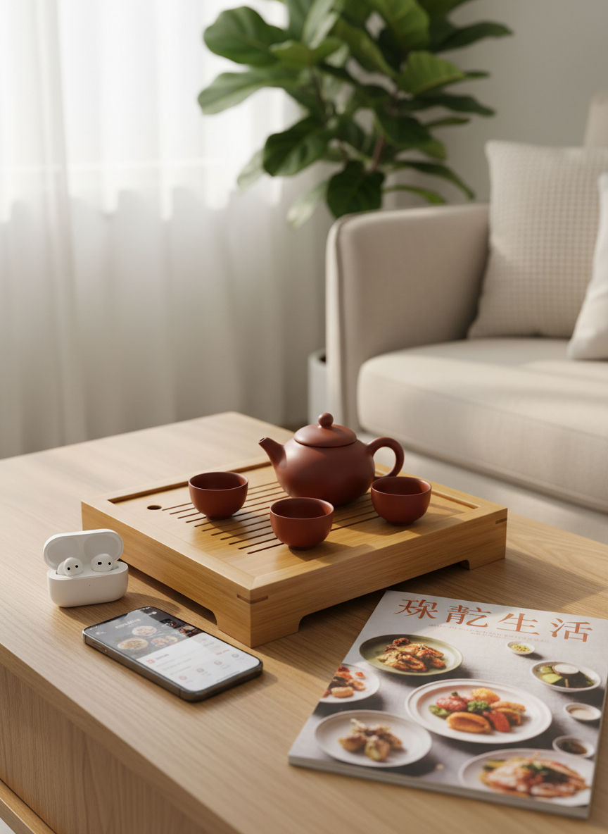A polished bamboo tea tray on a light oak coffee table, featuring a curated selection of global Chinese lifestyle products: an elegant yixing-style teapot, minimalist wireless earbuds in a matte case, a slim smartphone with a Chinese-language lifestyle app open, and a glossy lifestyle magazine showcasing gourmet dishes on its cover. Behind them, a neutral-toned fabric sofa and a large potted fiddle-leaf fig are softly blurred. Gentle morning light filters through sheer curtains, bathing the scene in a calm, natural glow and creating gentle highlights on ceramic and metal edges. The atmosphere is serene and aspirational, blending tradition with modern tech-savvy living. Photographic realism, framed using the rule of thirds at a slightly elevated angle, with shallow depth of field emphasizing the tray as the focal point.