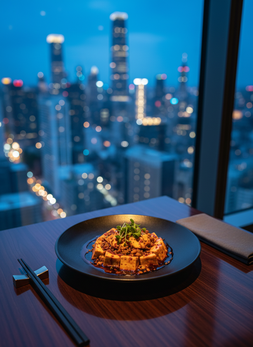 A glossy restaurant table beside a floor-to-ceiling window overlooking a bustling international skyline at dusk, featuring a single elevated dish of contemporary Chinese fusion cuisine: artfully plated mapo tofu on a matte black ceramic plate, garnished with microgreens and a drizzle of chili oil. Around it lie minimalist accessories: a brushed metal chopstick rest, sleek black chopsticks, and a folded linen napkin in muted gray. The city lights outside are out of focus, creating a colorful bokeh of blues, golds, and reds. The lighting combines the soft, cool ambient glow from the city with a subtle warm spotlight from above that highlights the textures of the tofu and sauce. The mood is modern, cosmopolitan, and refined. Photographic realism, shot from a low three-quarter angle to emphasize sophistication and depth.