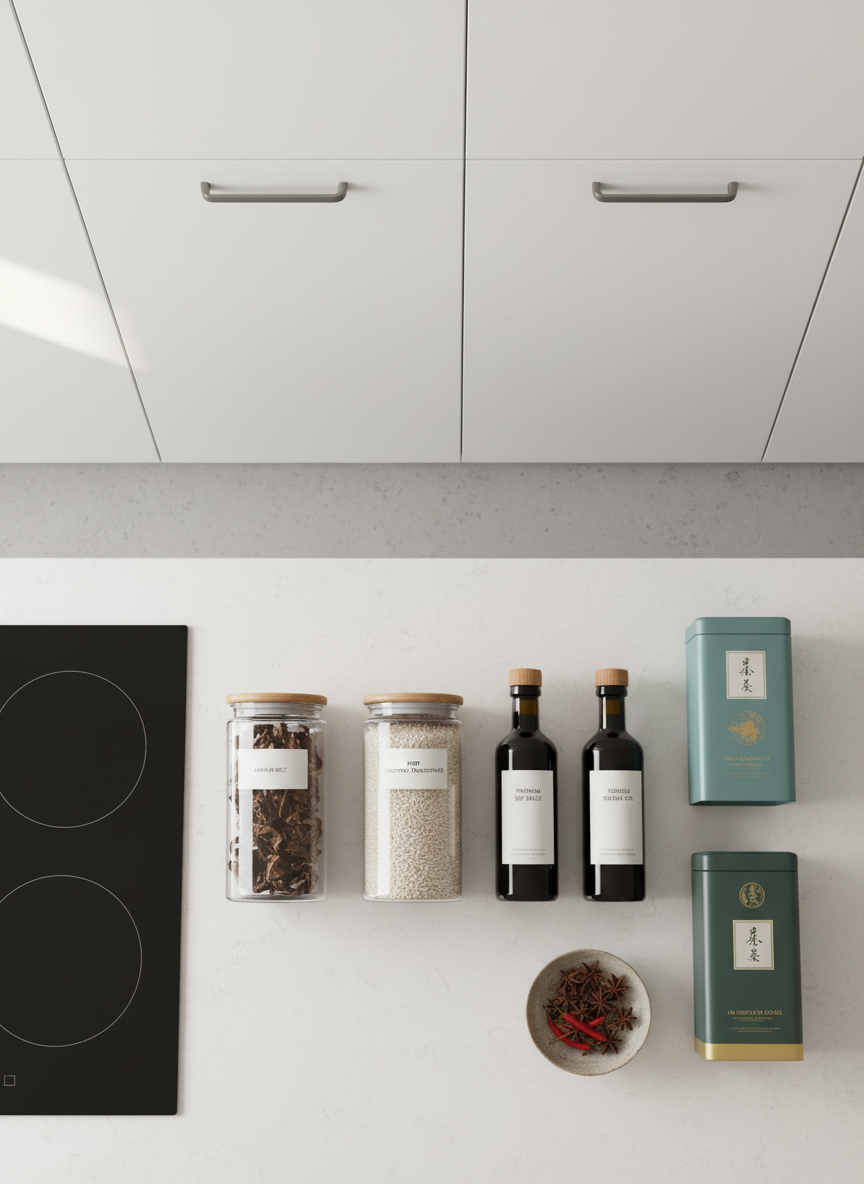 A clean, modern kitchen countertop displaying an organized flat lay of high-quality Asian pantry staples: neatly labeled glass jars of jasmine rice and dried mushrooms, premium soy sauce and sesame oil bottles, elegant tins of Chinese tea, and a sleek induction cooktop embedded in pale quartz. The counter is framed by matte white cabinetry and brushed steel hardware, suggesting a contemporary global Chinese household. Bright, diffused daylight from an unseen window illuminates the scene, casting soft, crisp shadows and subtle reflections on the glass surfaces. The mood is professional yet approachable, ideal for a lifestyle and product guide. Photographic realism from a top-down perspective, with careful composition that balances functional minimalism and rich textures of packaging and ingredients.